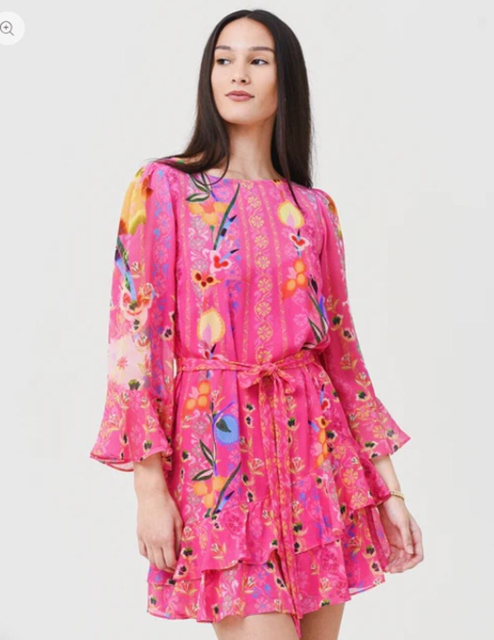 Saloni Marissa Ruffle 100% Silk Pink Floral Long Sleeve Mini Dress Women size 6